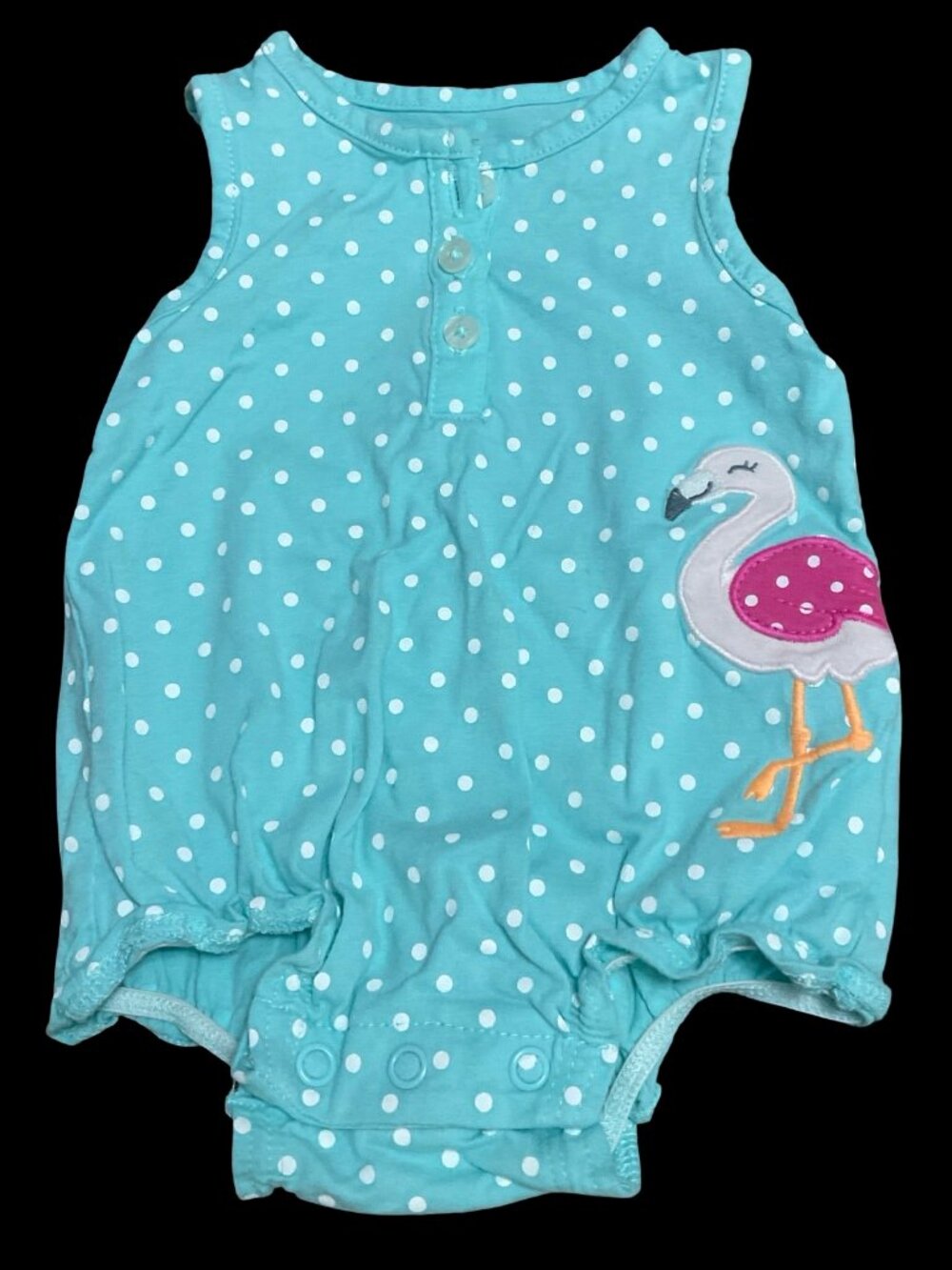 👣 5/$25 - Blue/White Polka Dot Print Romper w/ Flamingo Applique
